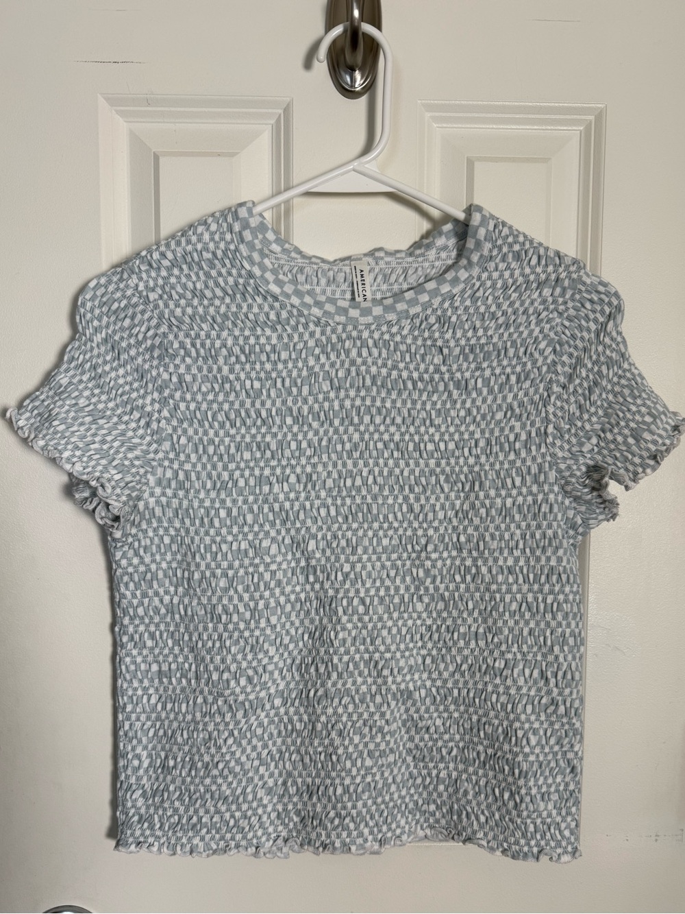 American Eagle Outfitters Light Blue and White Checked Smocked Baby Tee